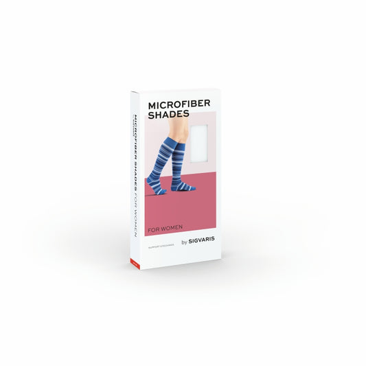 Produktverpackung Sigvaris Microfiber Shades for women Stripes – Stützstrümpfe für Damen mit Streifenmuster, Packshot.