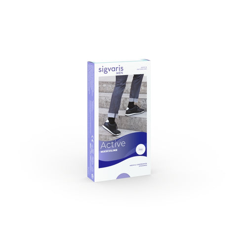 Produktverpackung Sigvaris Active Masculine – medizinische Kompressionsstrümpfe für Herren.