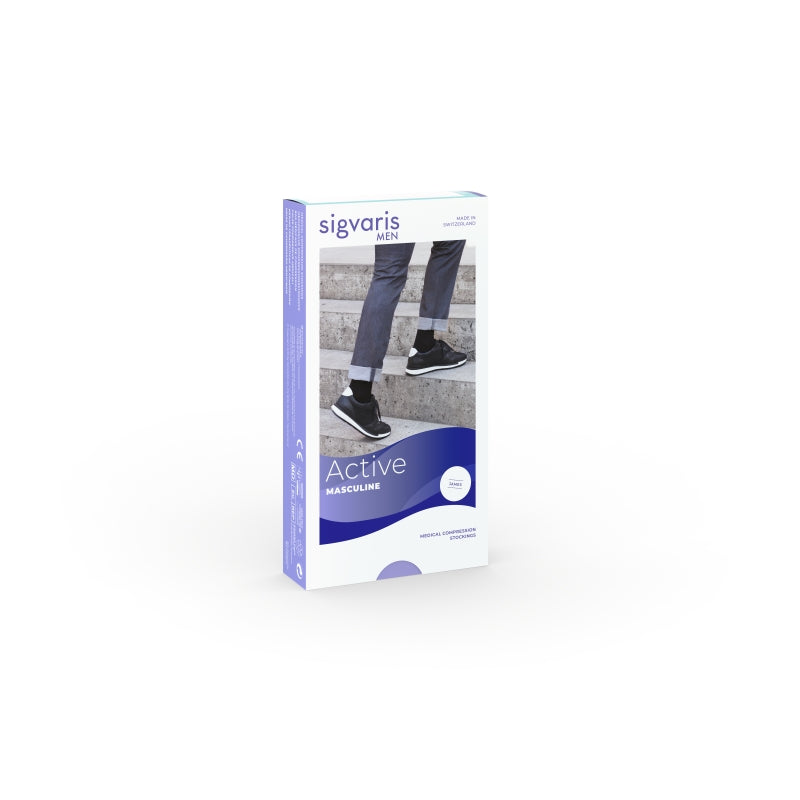 Produktverpackung Sigvaris Active Masculine – medizinische Kompressionsstrümpfe für Herren.