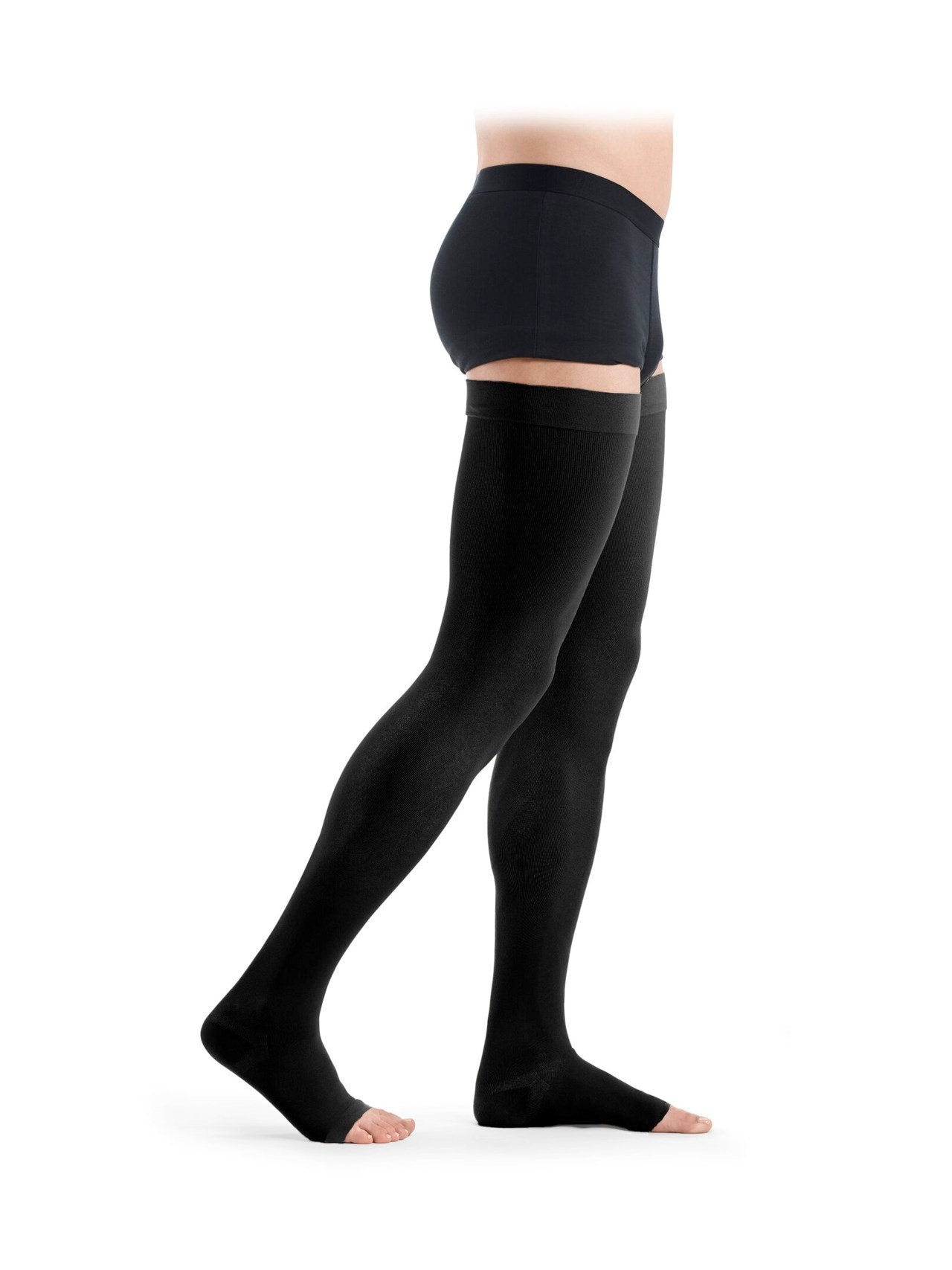 Sigvaris Essential THERMOREGULATING Schenkelstrümpfe schwarz, blickdichte Ripp-Struktur - position 1