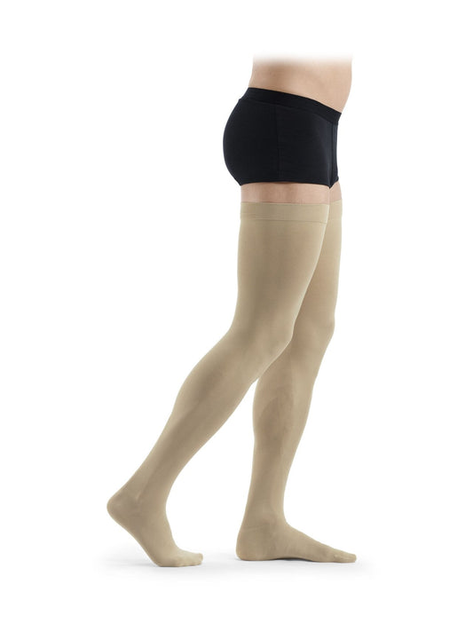 Sigvaris Essential CLASSICAL Schenkelstrümpfe in crispa beige, blickdicht und mit Microfaser - position 1