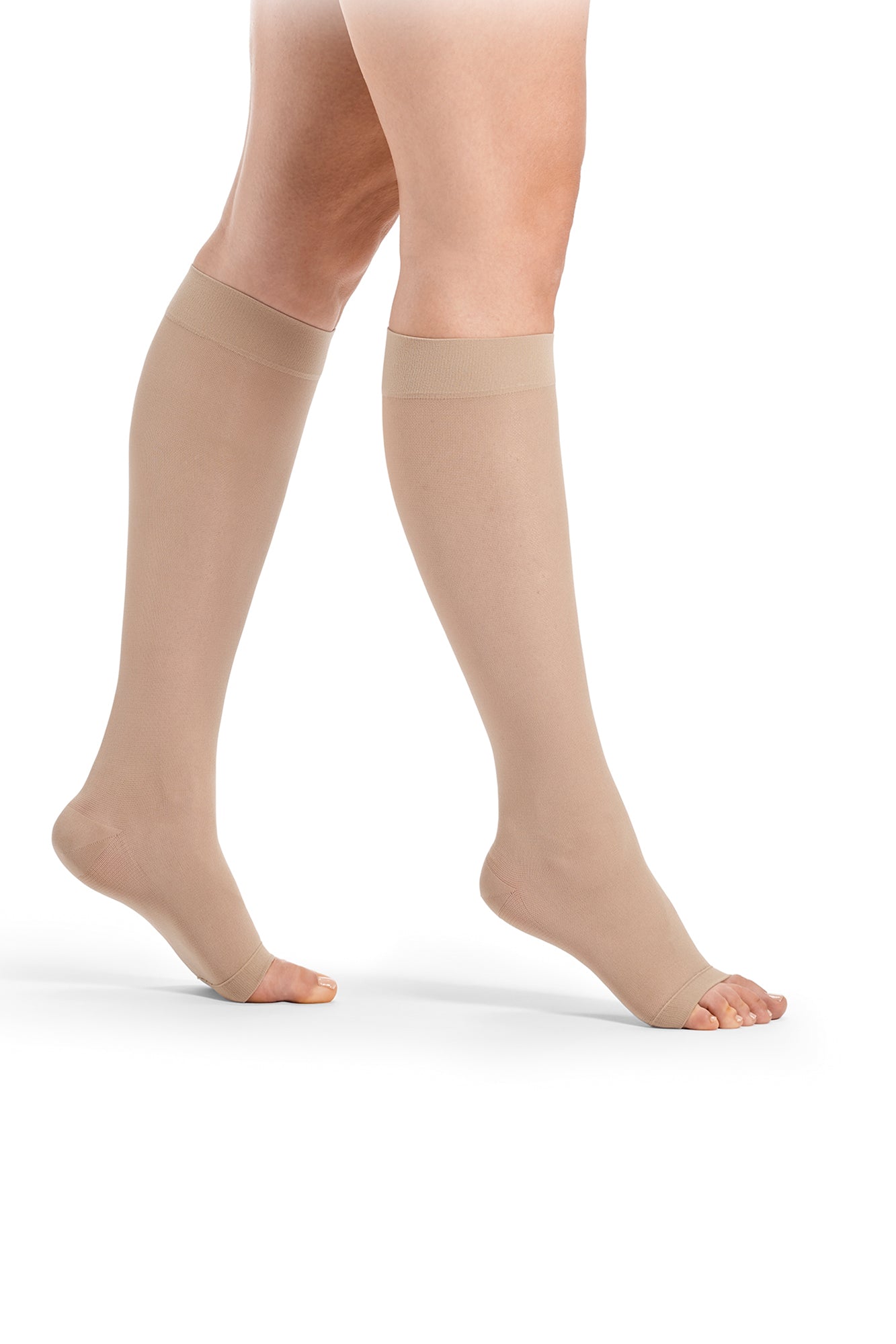 Sigvaris Highlight for women Kniestrümpfe dune mit offener Fussspitze Seitenansicht – Feuchtigkeitsmanagement
